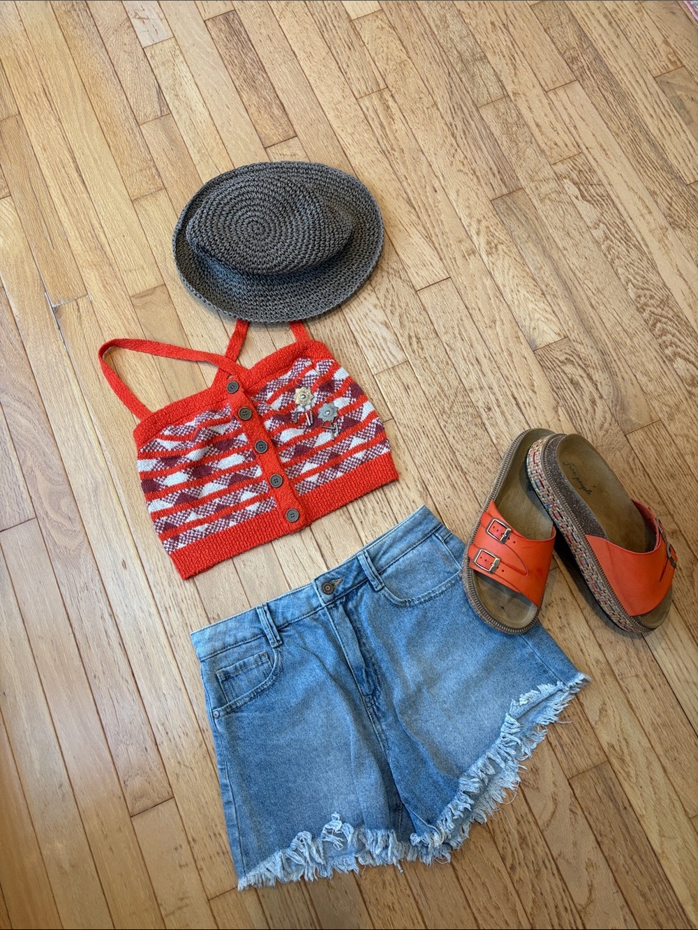 Free People Orange/Red Knit Button-Front Crop Top with Straps - Picture 5 of 6